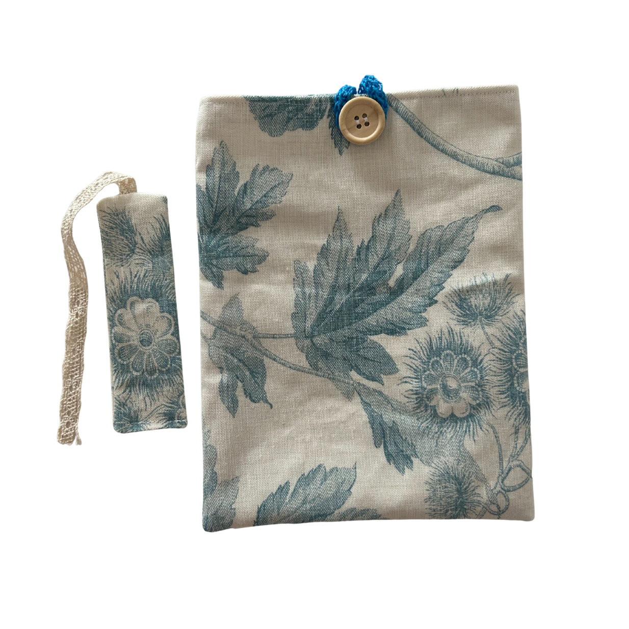 Housse protège livre + Marque-page offert - Pièce unique - Fleurs bleues