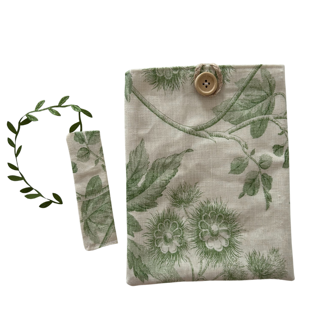 Housse protège livre + Marque-page offert - Pièce unique - Fleurs vertes