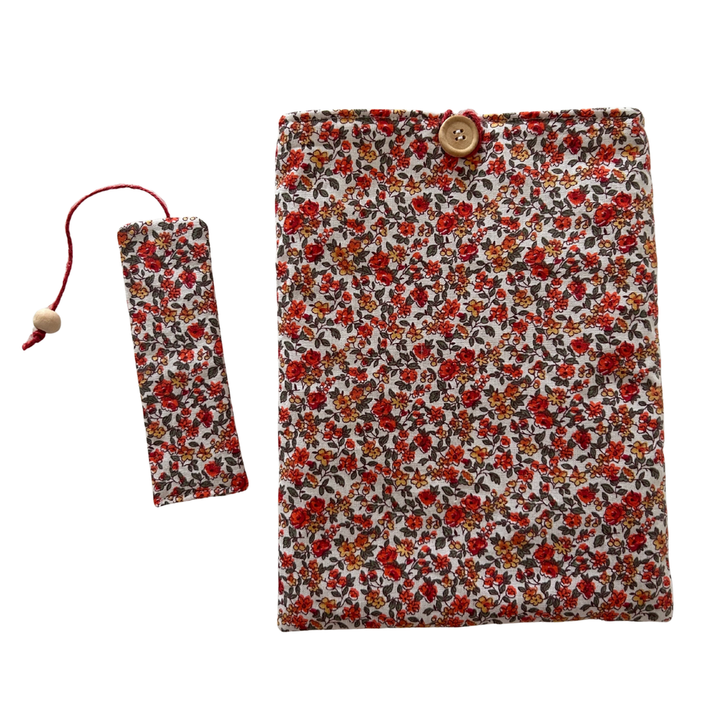 Housse protège livre + Marque-page offert - Pièce unique - Liberty orange