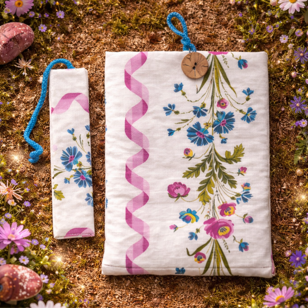 Housse protège livre + Marque-page offert - Pièce unique - Fleurs printanières