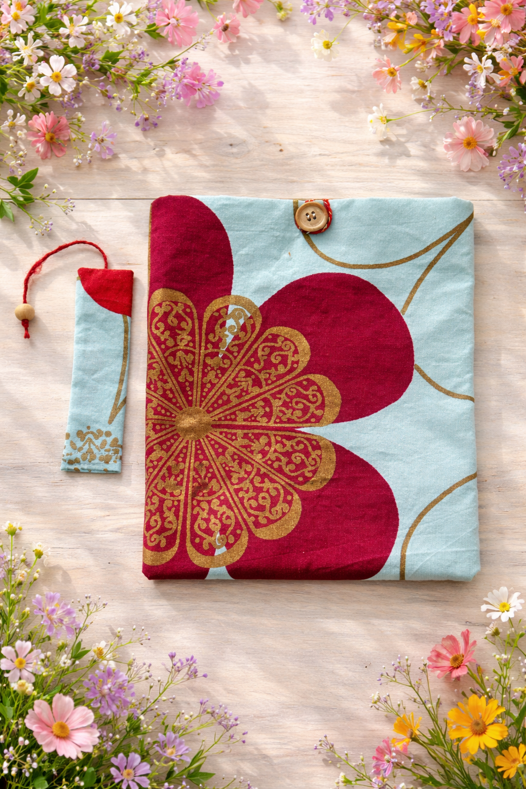 Housse protège livre + Marque-page offert - Pièce unique - Fleurs