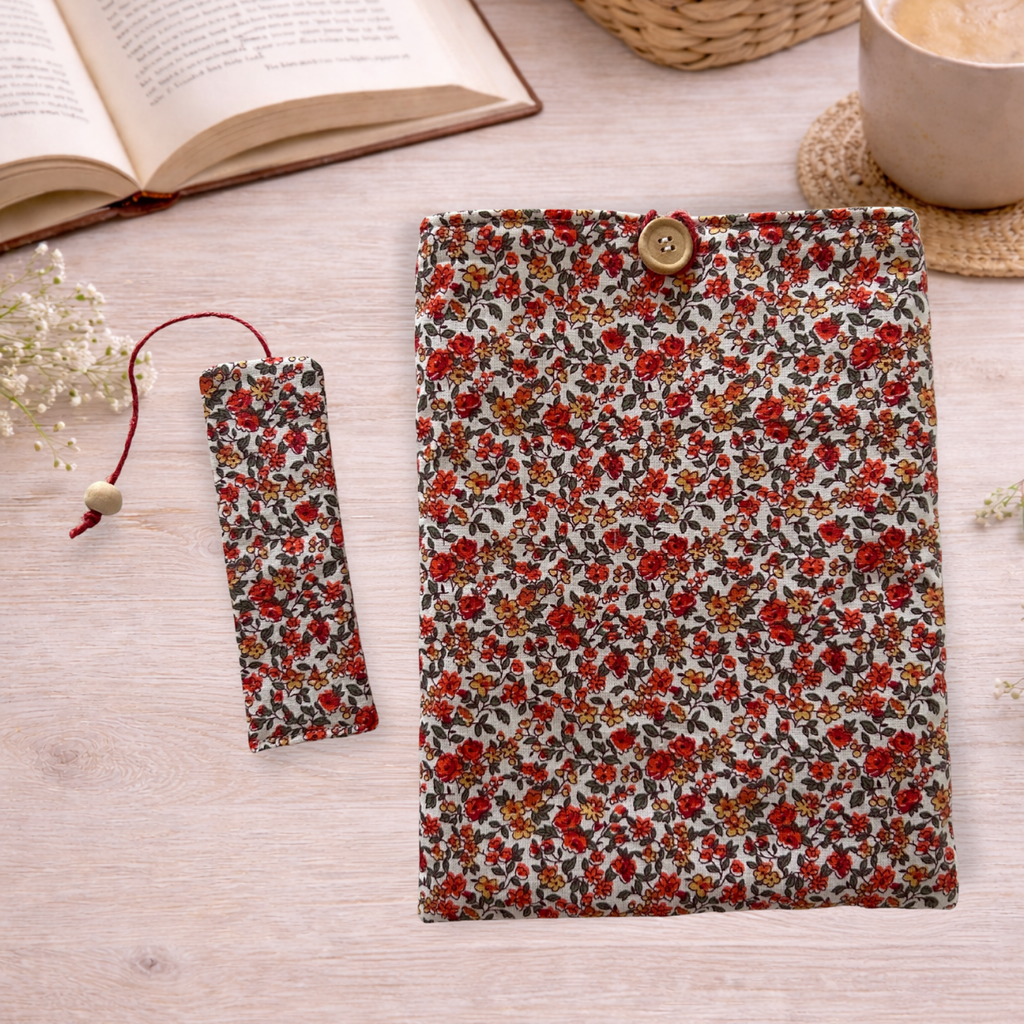 Housse protège livre + Marque-page offert - Pièce unique - Liberty orange